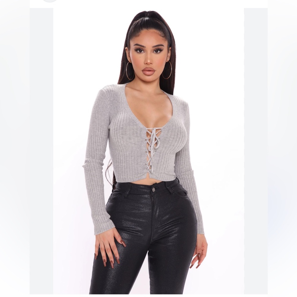 Fashion Nova Gray Lace-Up Ribbed Crop Sweater